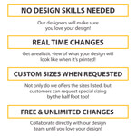 No Design Skills Needed, Real Time Changes, Custom Sizes when Requested, Free & Unlimited Changes