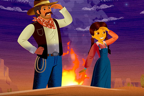 Cowboy and cowgirl by a campfire