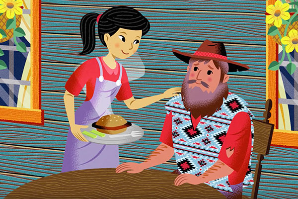 Woman serving man a hamburger